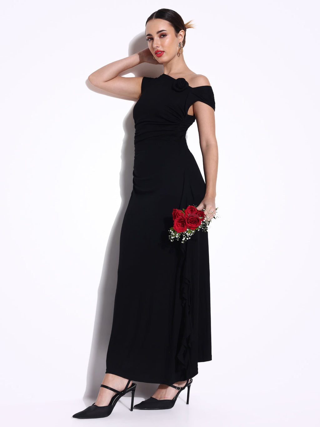 Women's Ruched Black off Shoulder Dress with Flower Ruffles