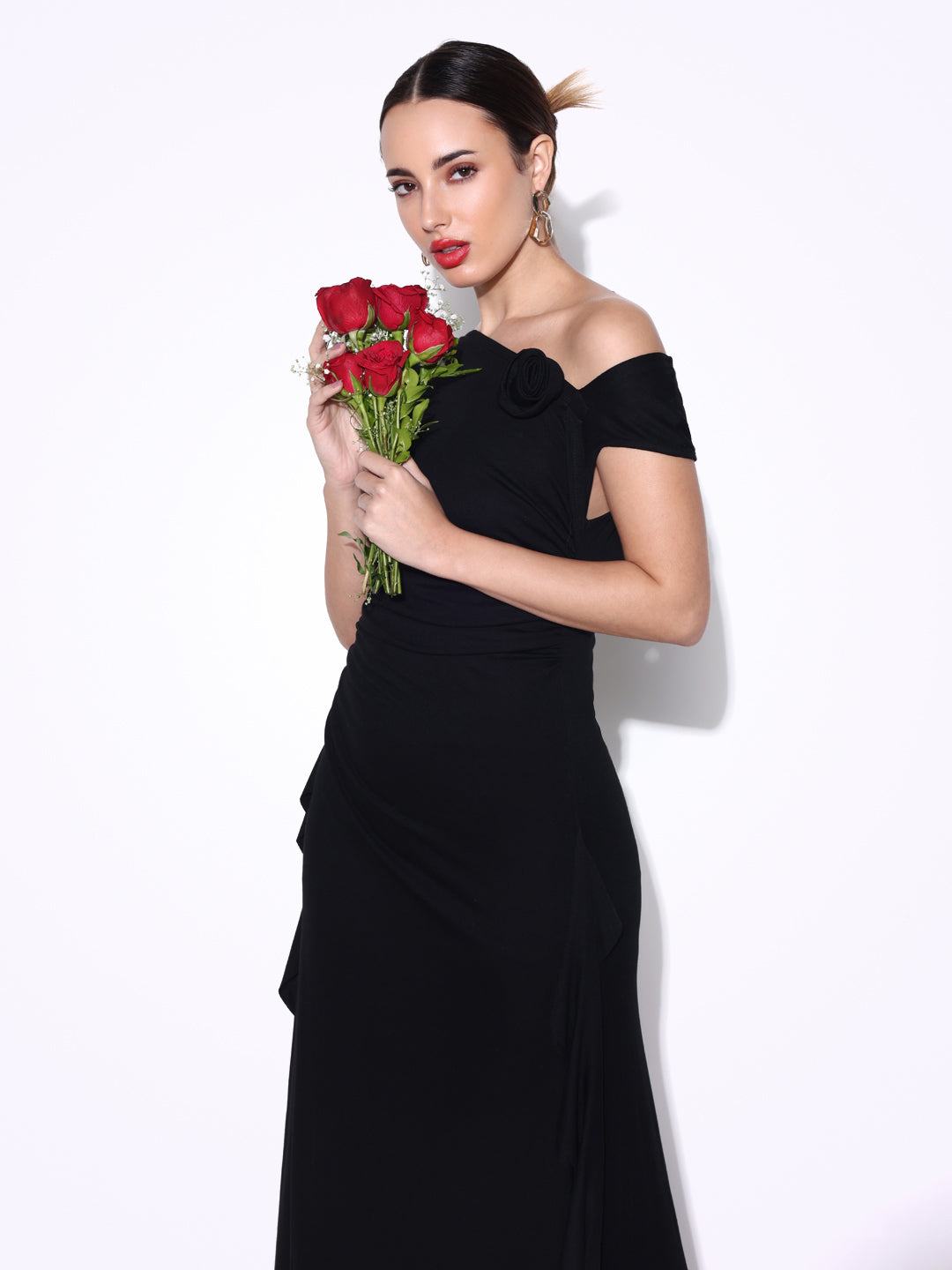 Women's Ruched Black off Shoulder Dress with Flower Ruffles