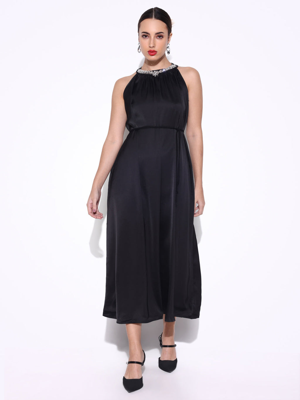 Women's Embellished Neck Black Dress with Waist Tie