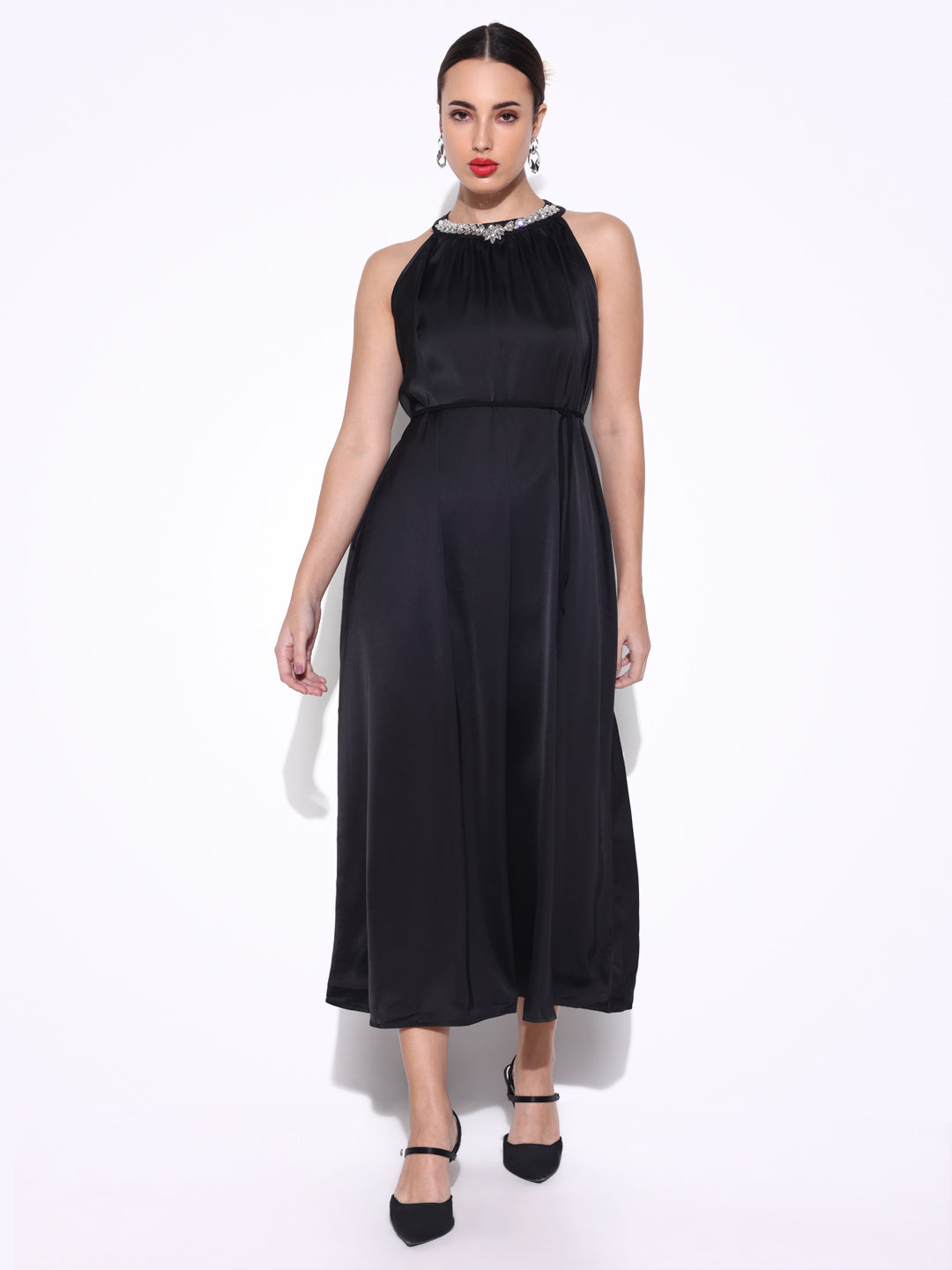 Women's Embellished Neck Black Dress with Waist Tie