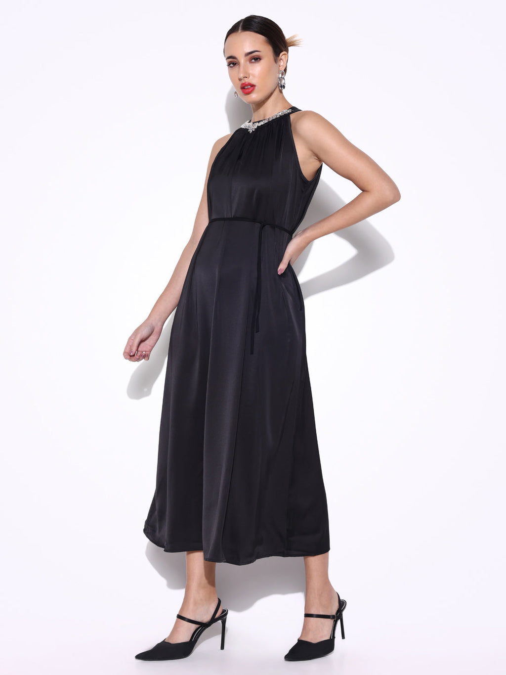Women's Embellished Neck Black Dress with Waist Tie