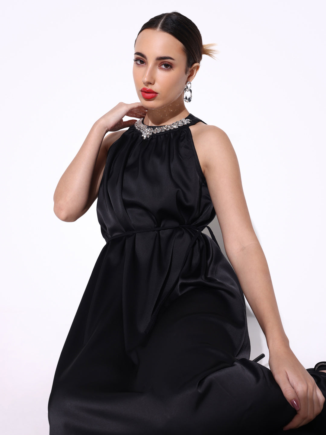 Women's Embellished Neck Black Dress with Waist Tie