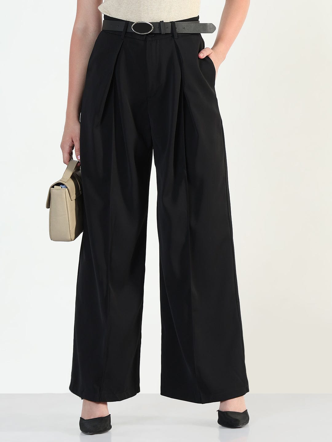 Women's Black Relaxed Fit Korean Pants with Belt