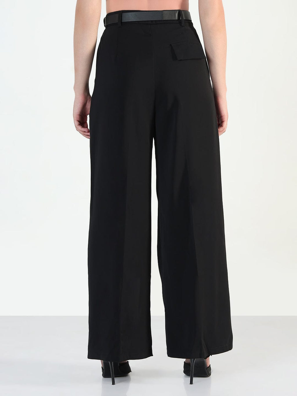 Women's Black Relaxed Fit Korean Pants with Belt