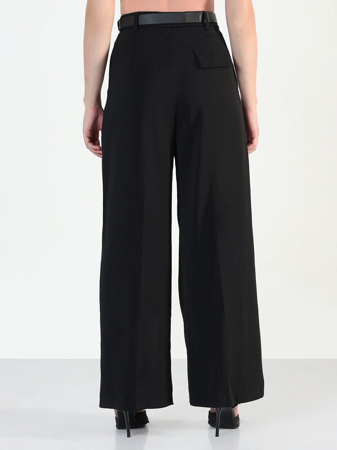 Women's Black Relaxed Fit Korean Pants with Belt