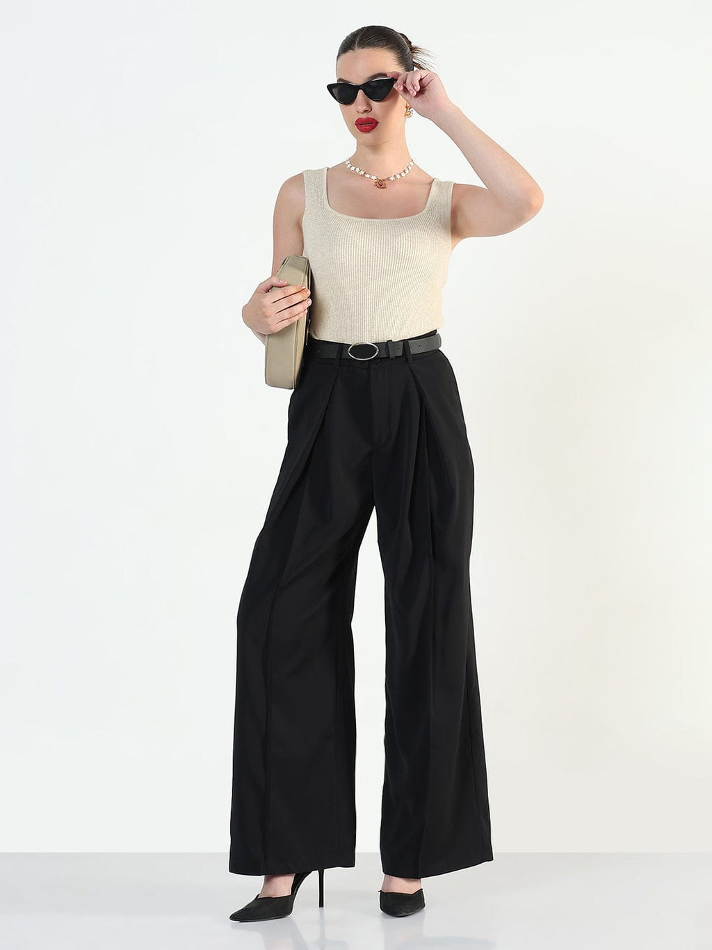 Women's Black Relaxed Fit Korean Pants with Belt