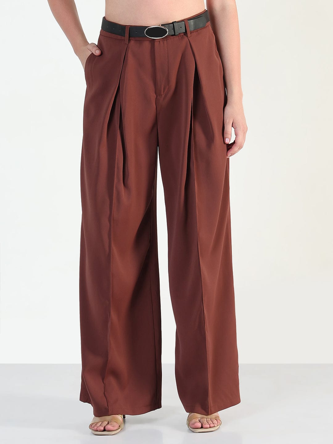 Women's Rust Relaxed Fit Korean Pants with Belt