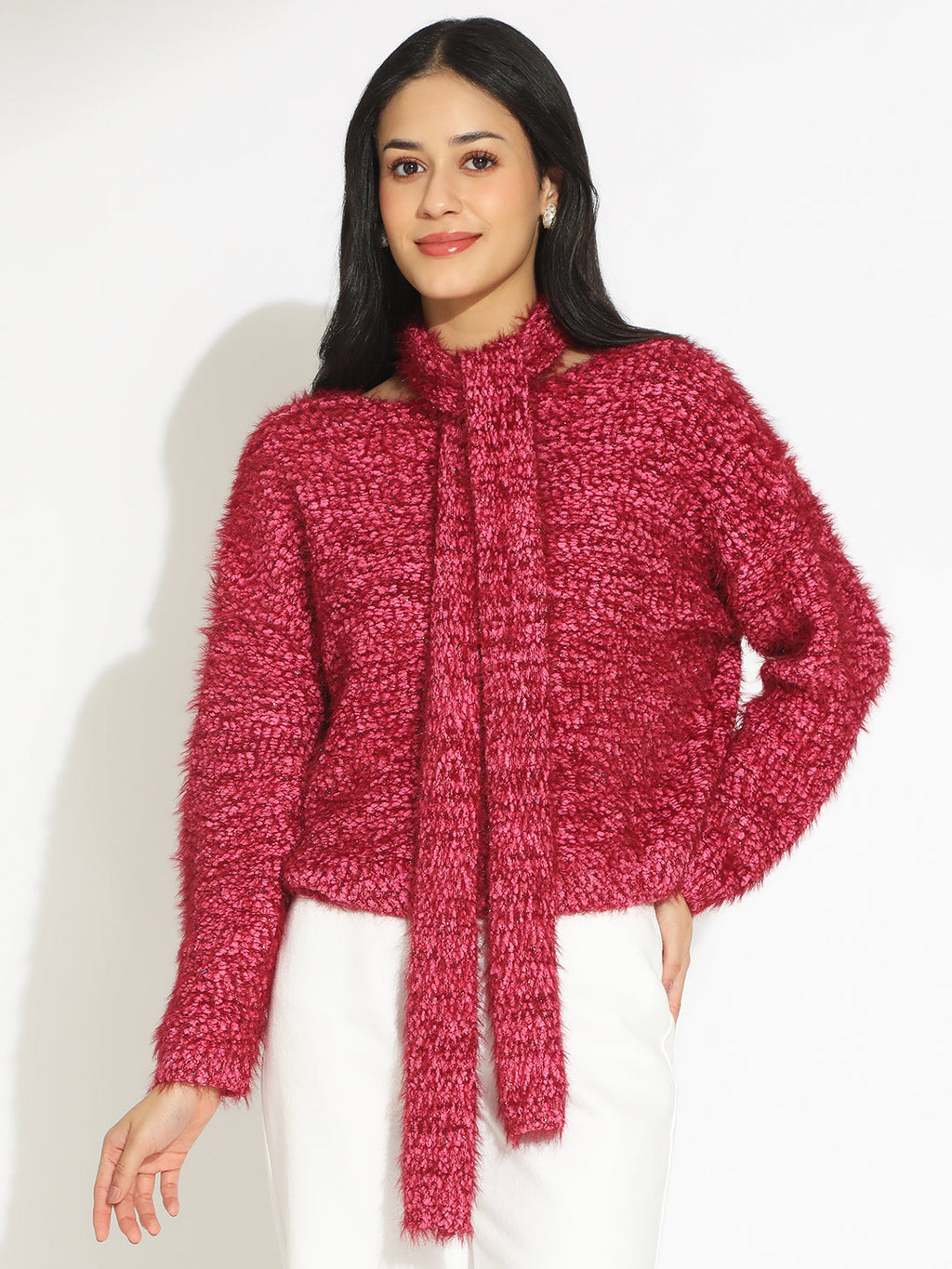 Women's Pink Fuzzy Knit Top with Tie Neck Detail