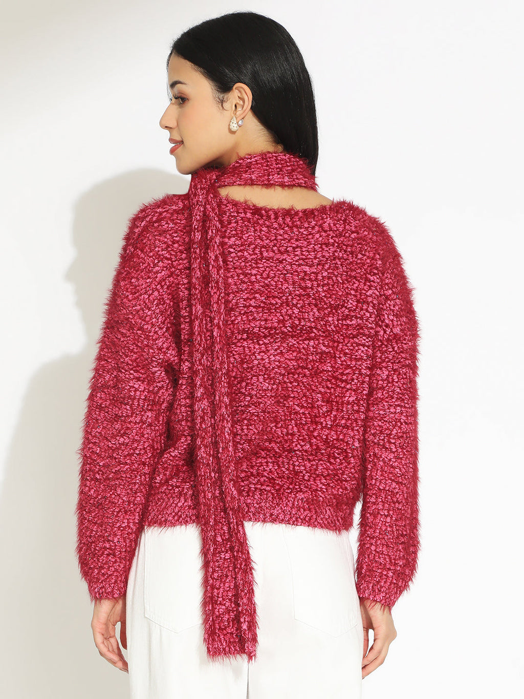 Women's Pink Fuzzy Knit Top with Tie Neck Detail