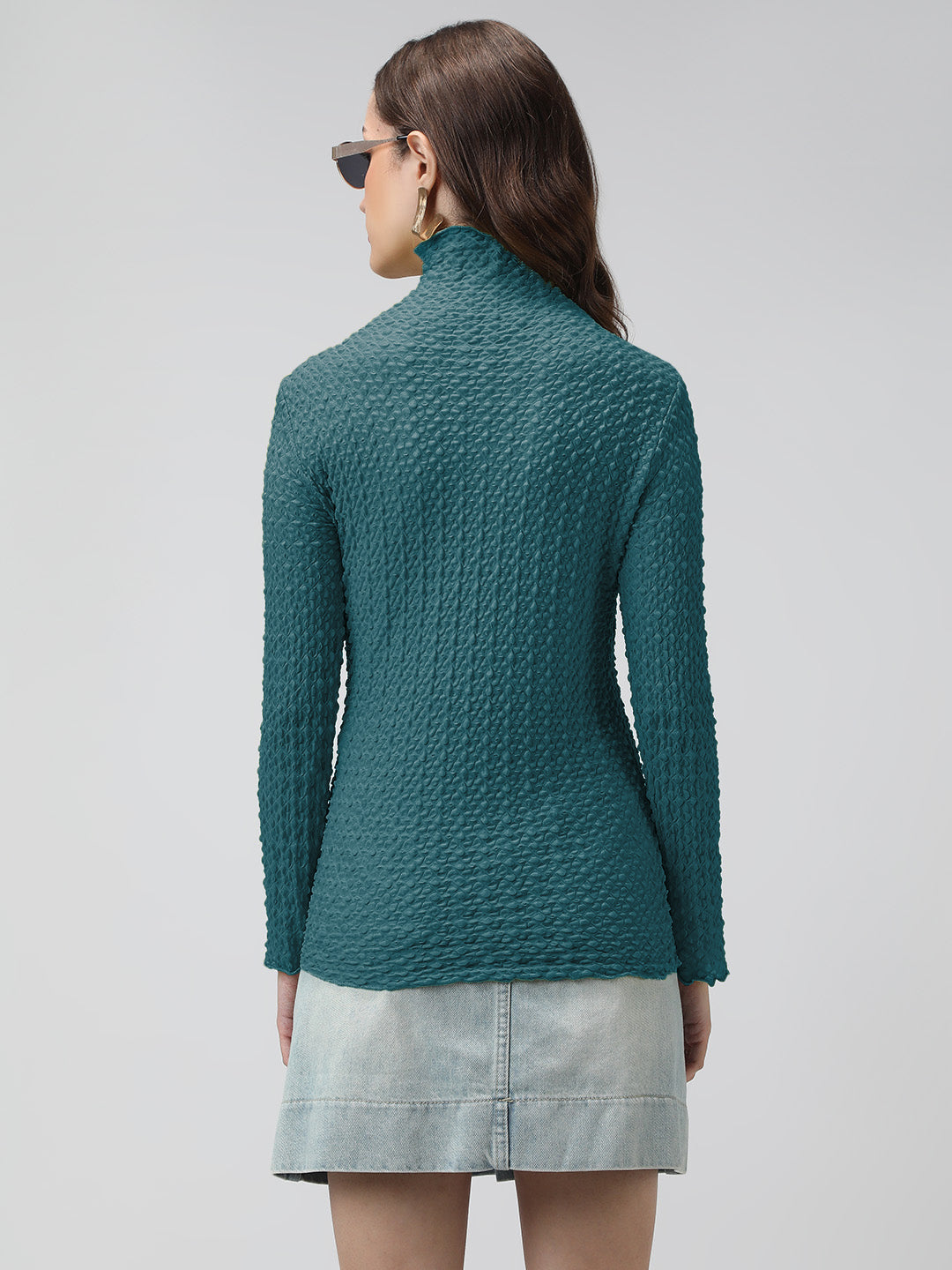 Women's Turquoise Blue Textured Sheer High Neck Top