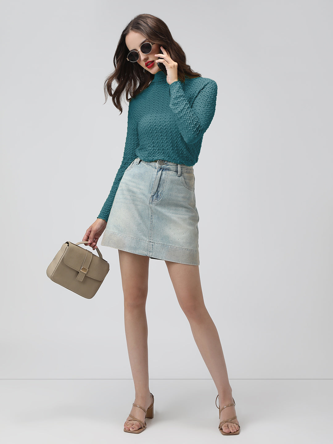 Women's Turquoise Blue Textured Sheer High Neck Top