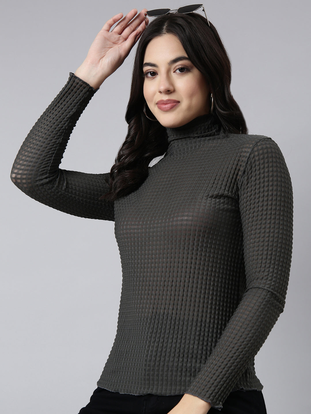 Women's Grey Self Design High Neck Long Sleeves Opaque Fitted Casual Top