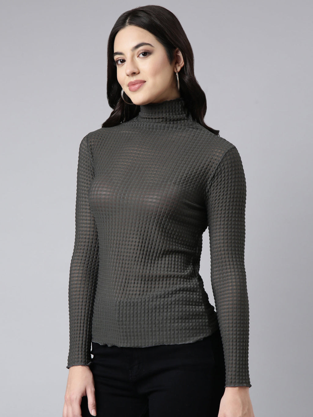 Women's Grey Self Design High Neck Long Sleeves Opaque Fitted Casual Top