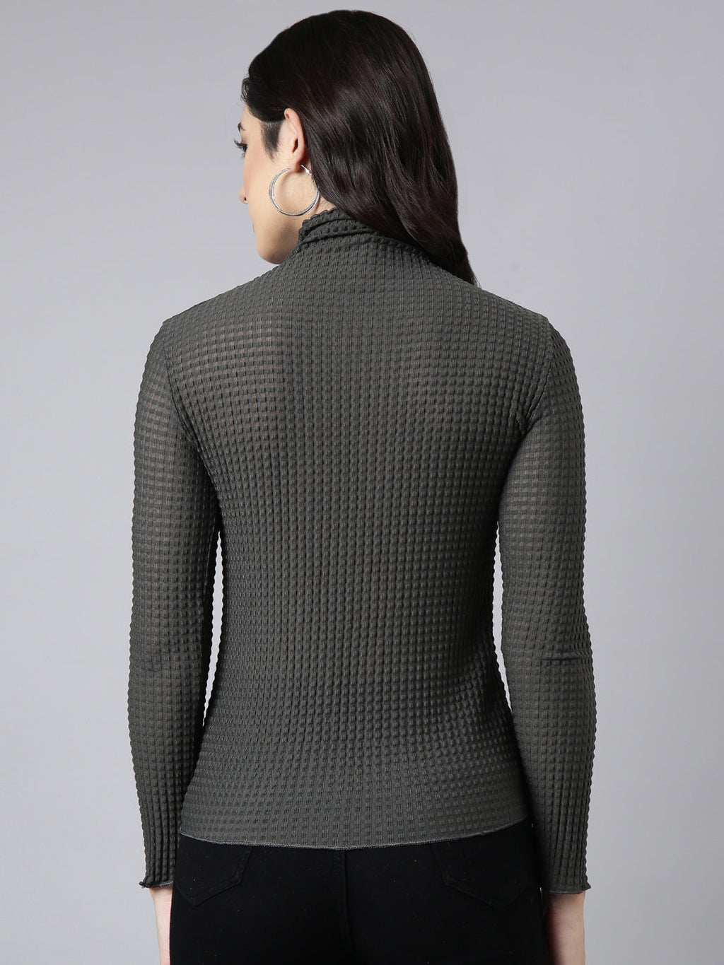 Women's Grey Self Design High Neck Long Sleeves Opaque Fitted Casual Top