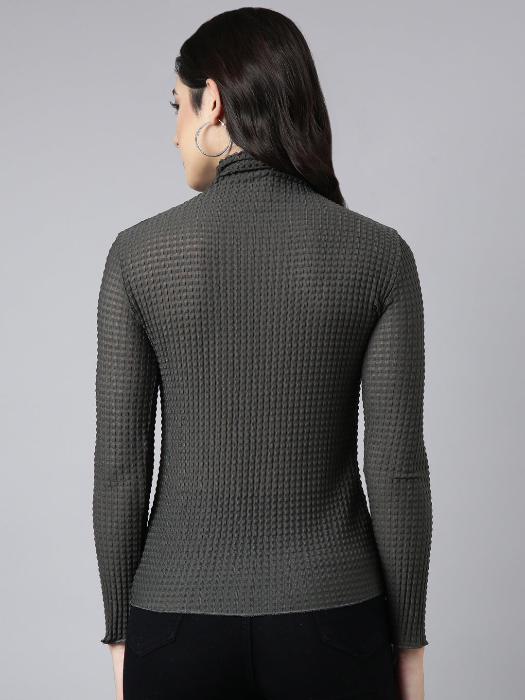 Women's Grey Self Design High Neck Long Sleeves Opaque Fitted Casual Top