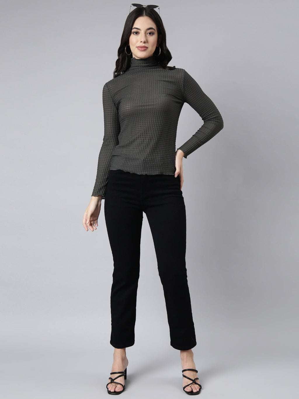 Women's Grey Self Design High Neck Long Sleeves Opaque Fitted Casual Top