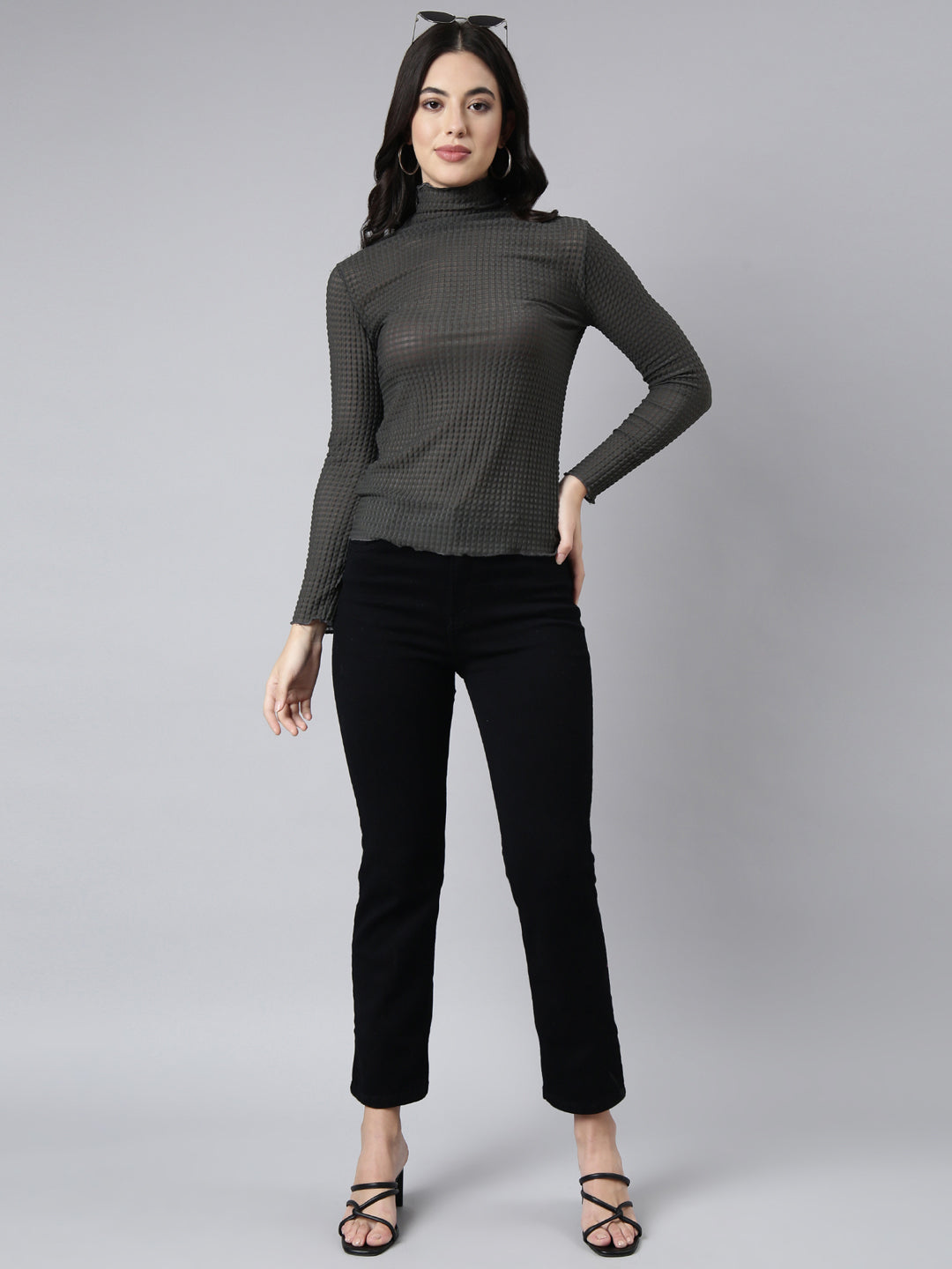 Women's Grey Self Design High Neck Long Sleeves Opaque Fitted Casual Top