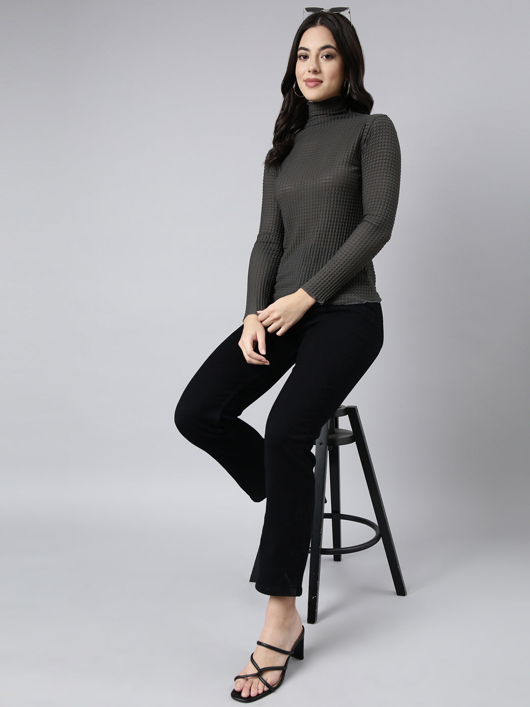 Women's Grey Self Design High Neck Long Sleeves Opaque Fitted Casual Top
