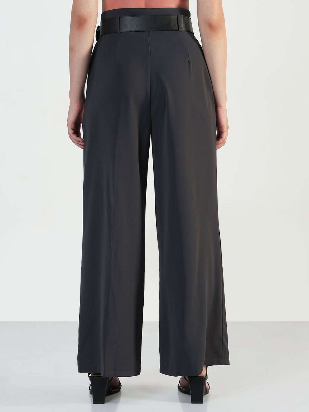 Women's Grey Straight Fit Korean Pants with Belt