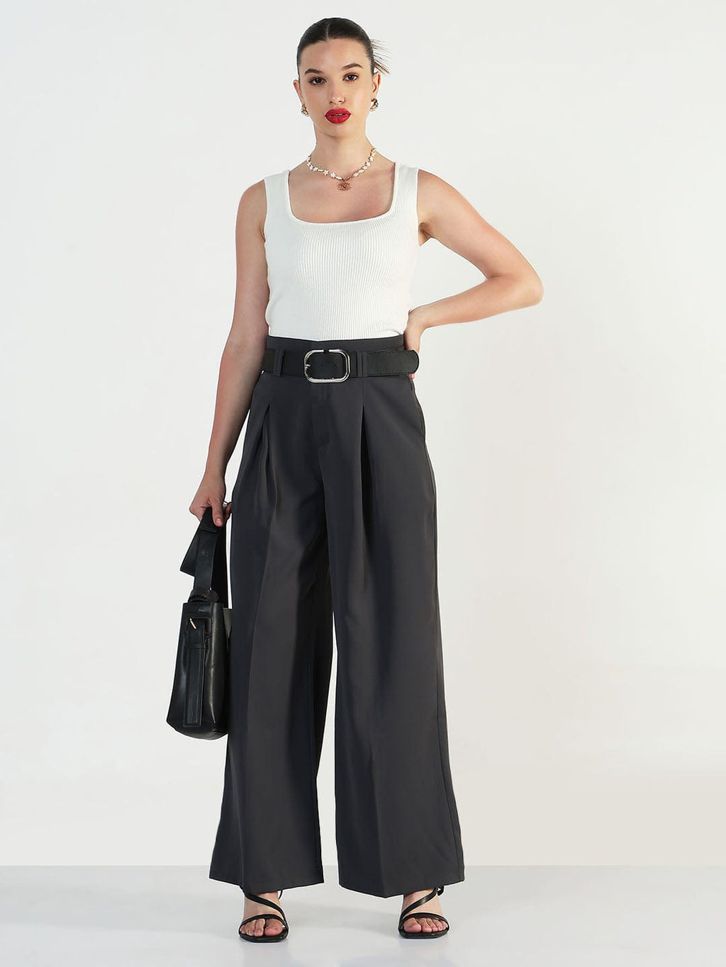 Women's Grey Straight Fit Korean Pants with Belt