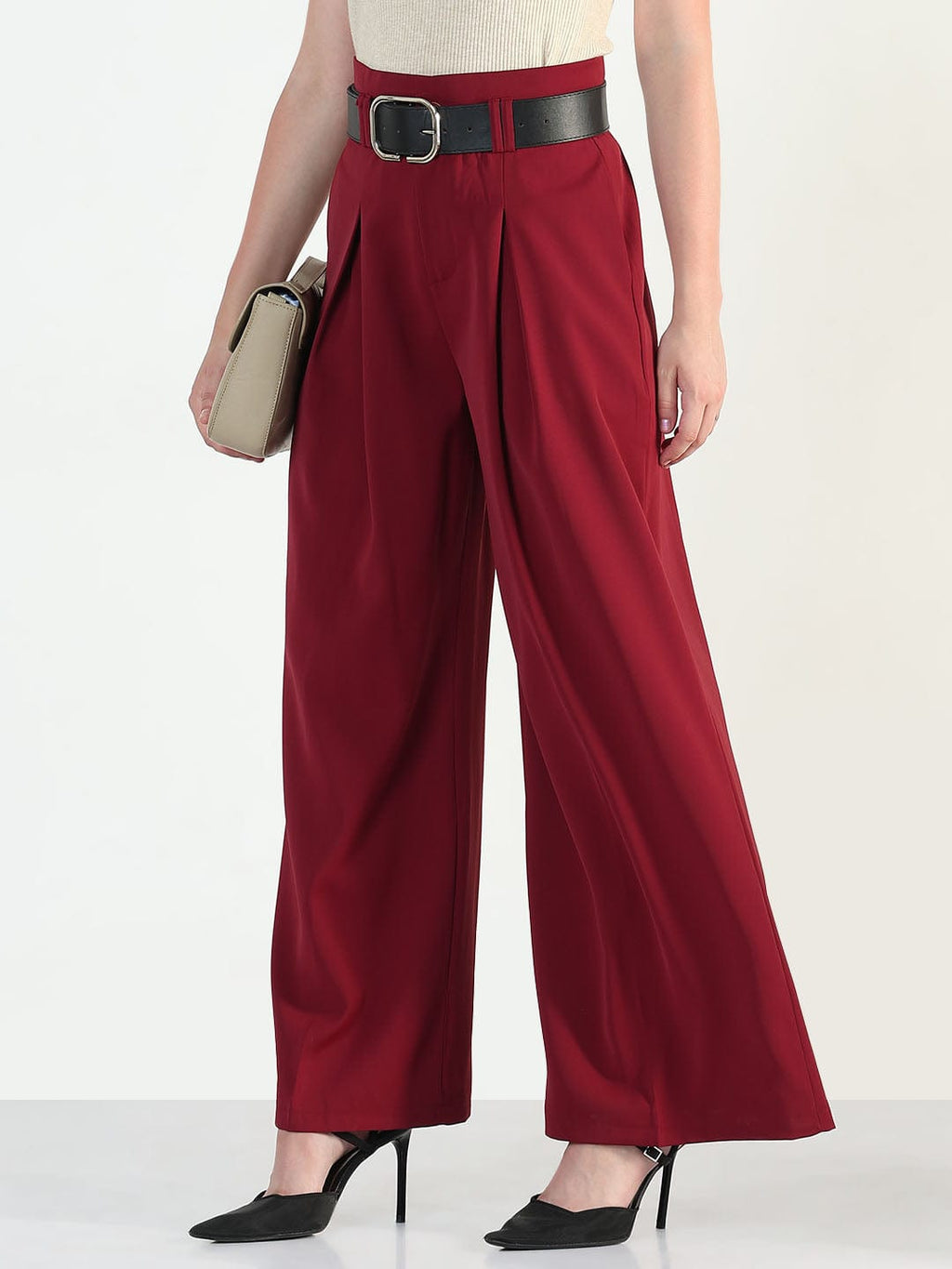 Women's Maroon Straight Fit Korean Pants with Belt