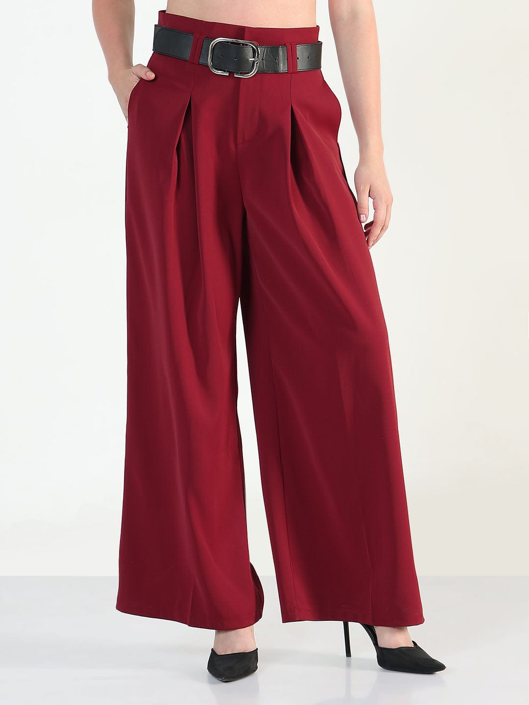 Women's Maroon Straight Fit Korean Pants with Belt