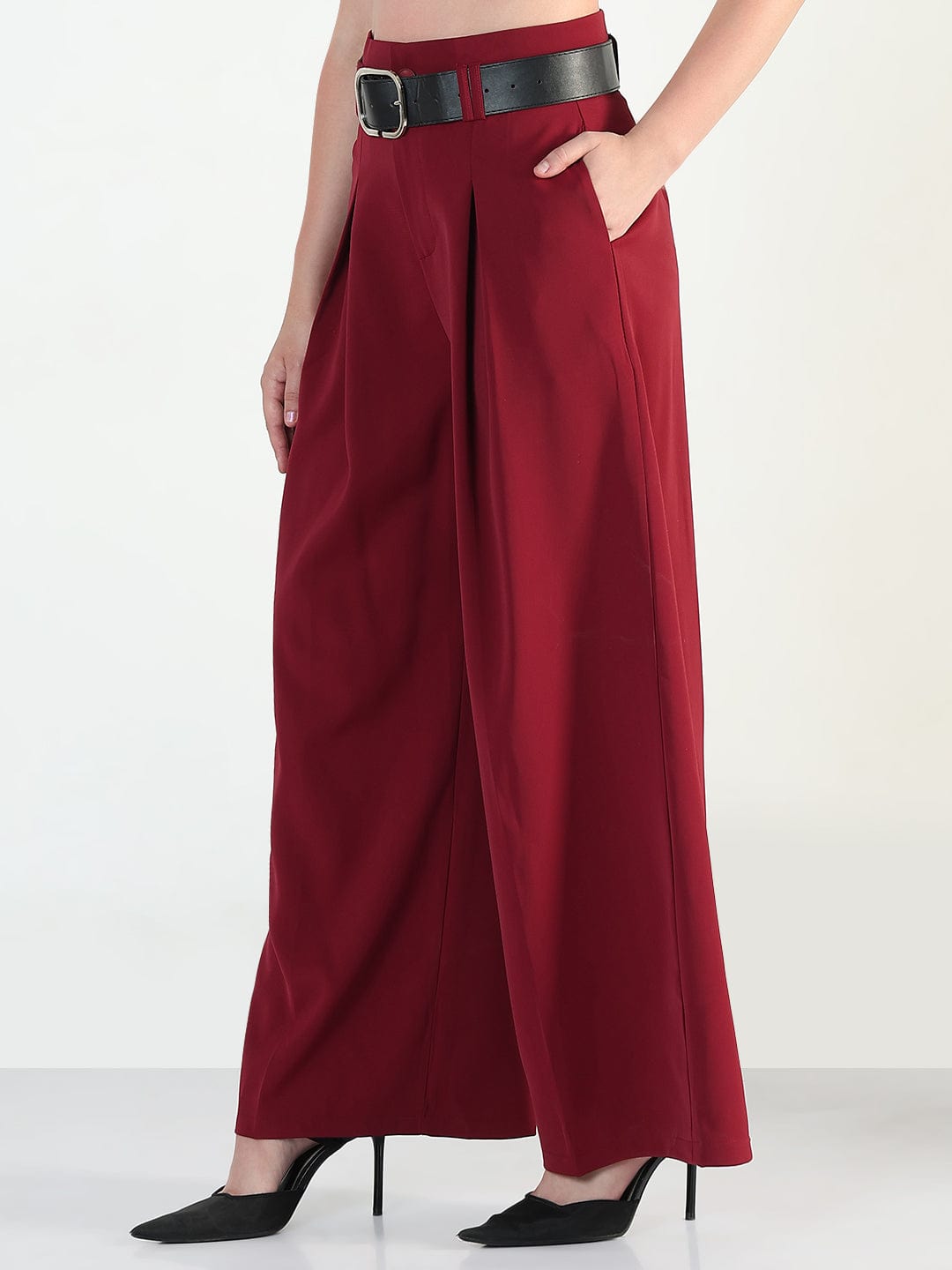 Women's Maroon Straight Fit Korean Pants with Belt