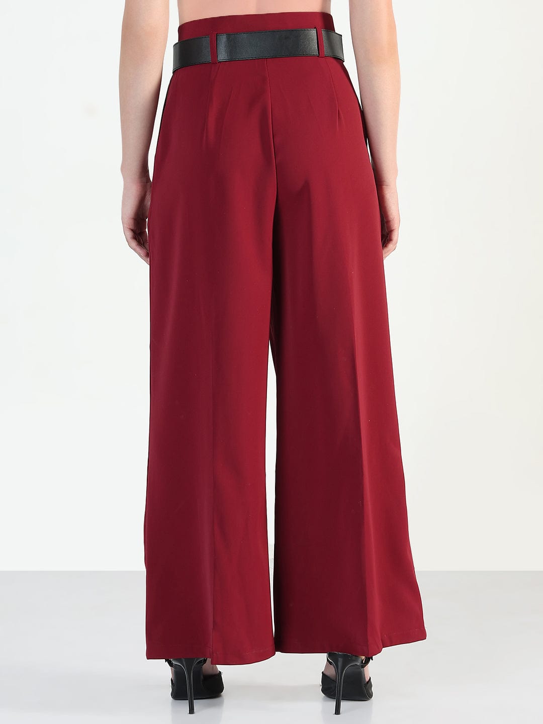 Women's Maroon Straight Fit Korean Pants with Belt