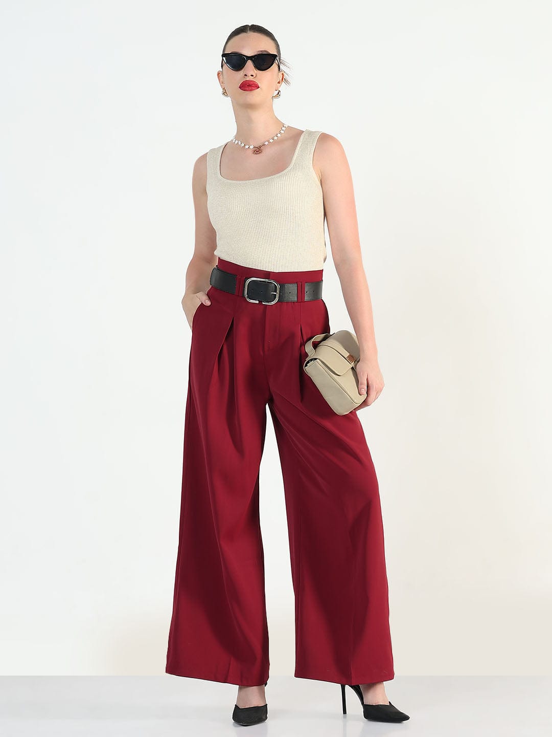 Women's Maroon Straight Fit Korean Pants with Belt