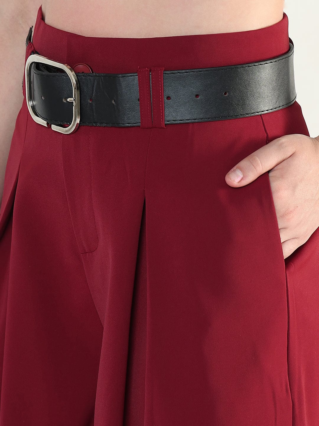 Women's Maroon Straight Fit Korean Pants with Belt