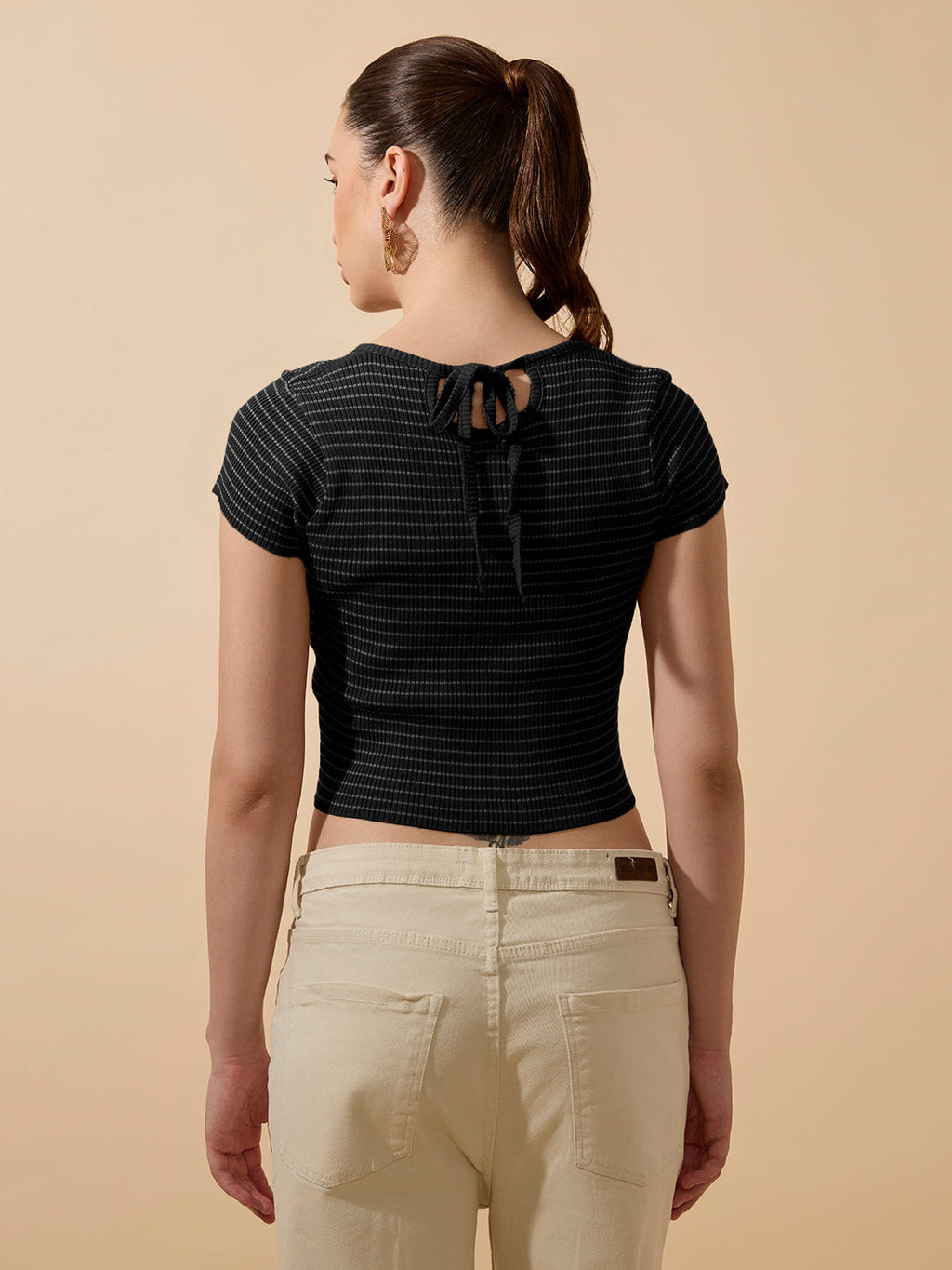Women's Striped Ribbed Black Short Top with Round Neck
