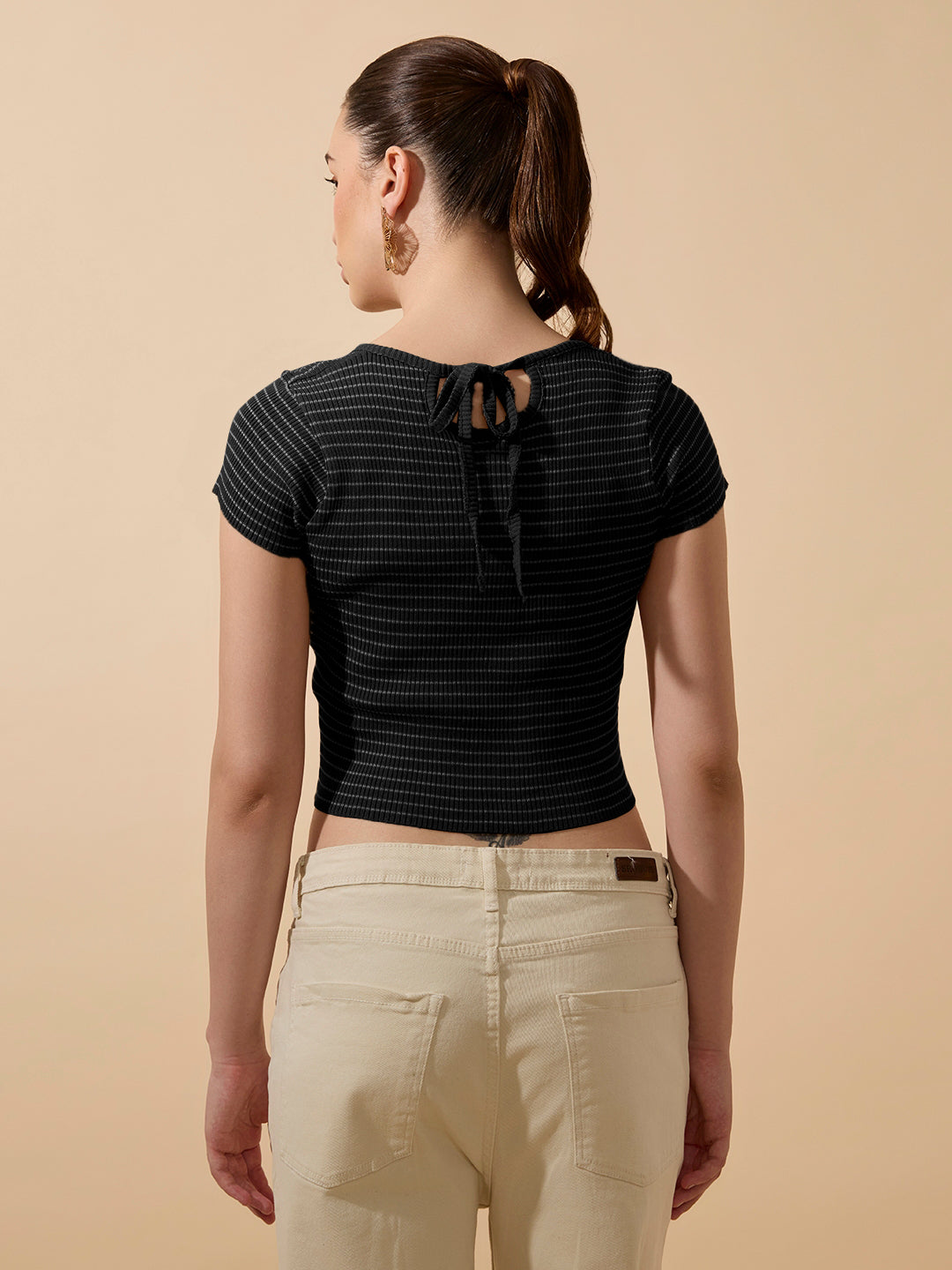 Women's Striped Ribbed Black Short Top with Round Neck