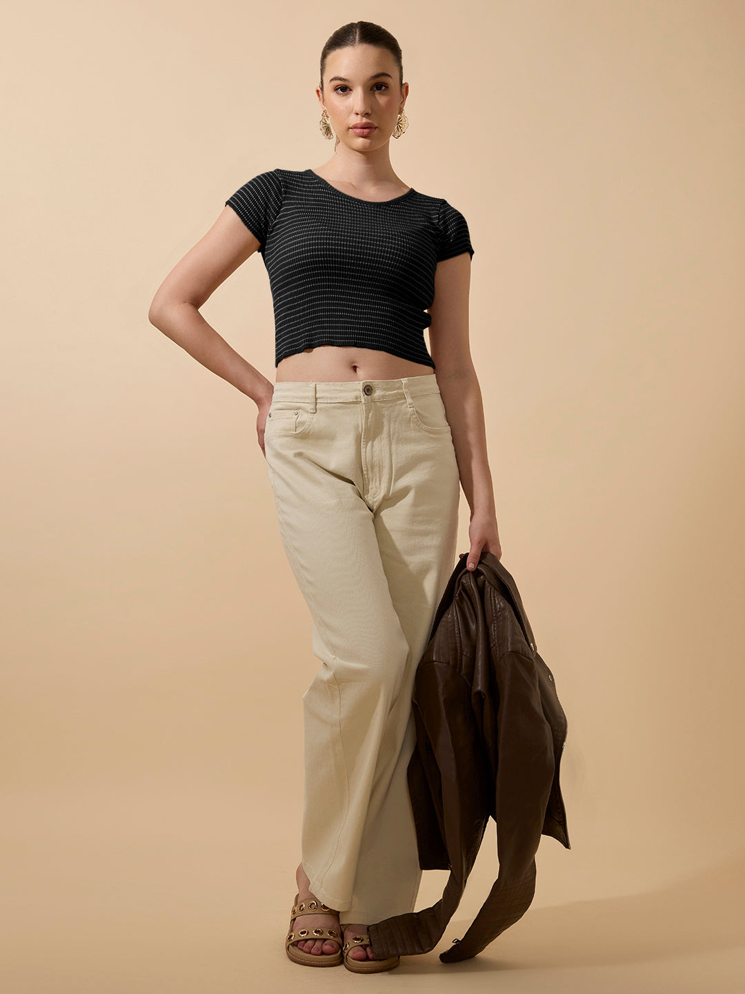 Women's Striped Ribbed Black Short Top with Round Neck