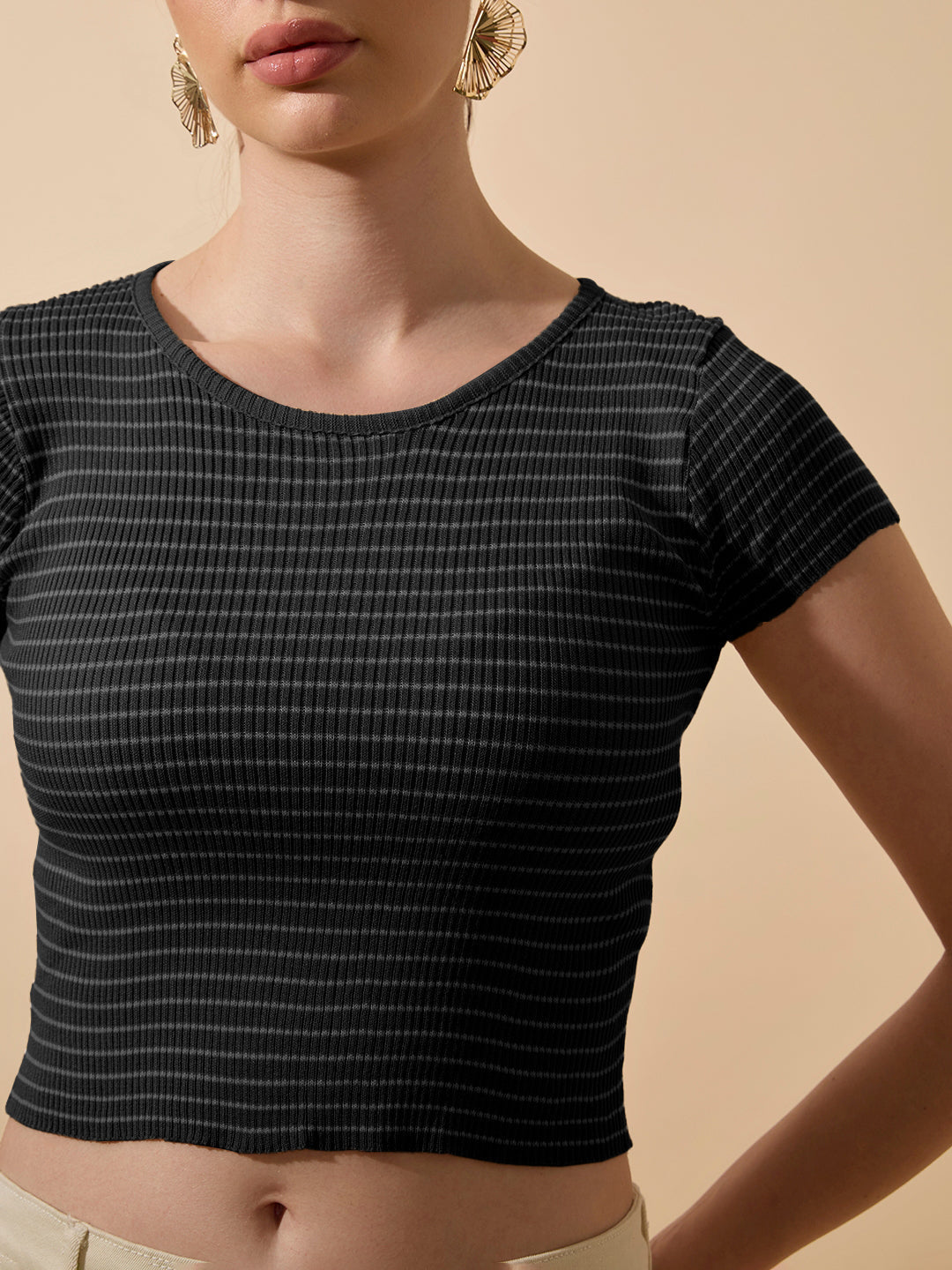Women's Striped Ribbed Black Short Top with Round Neck