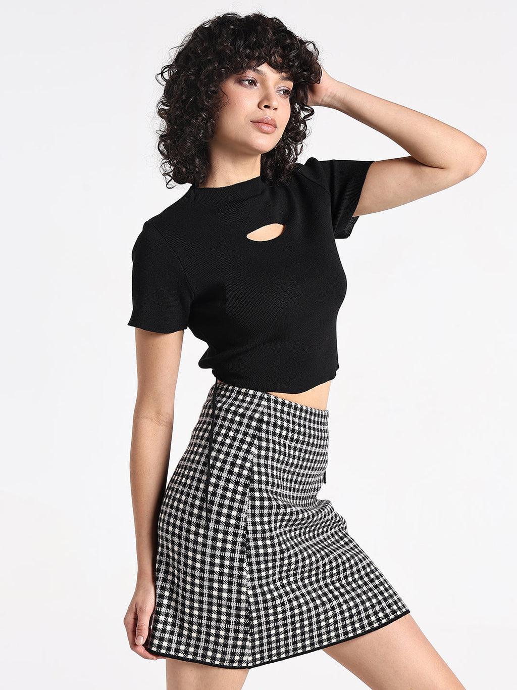 Women's Black Ribbed Short Sleeve Cut-Out Detail Crop Top
