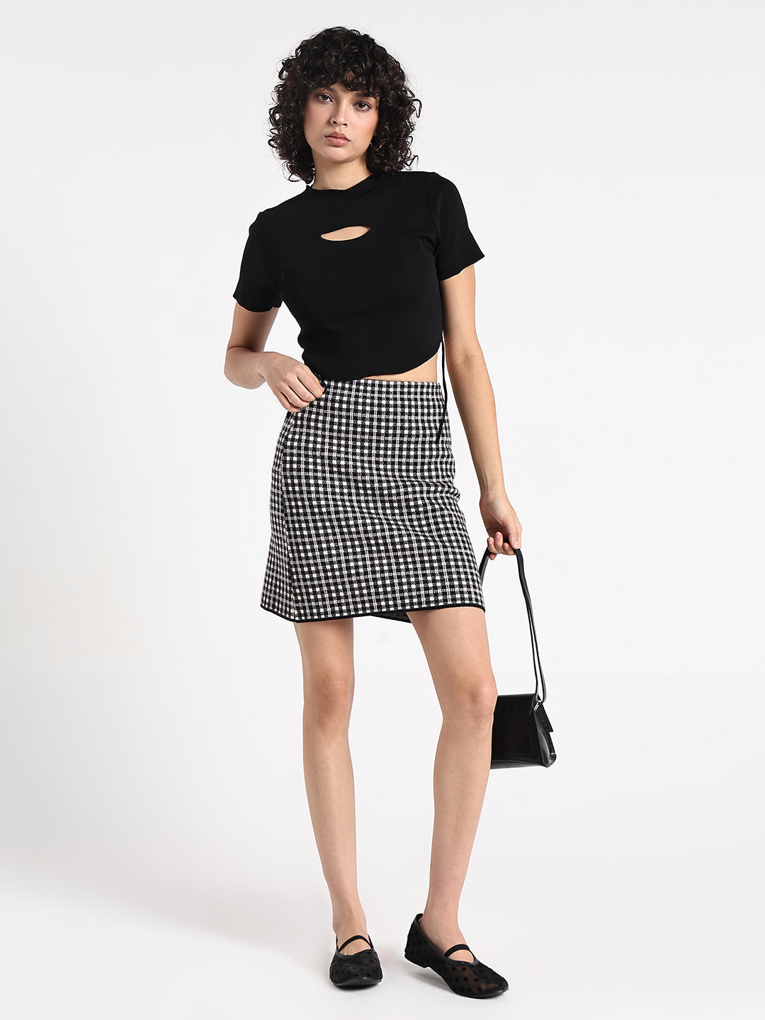 Women's Black Ribbed Short Sleeve Cut-Out Detail Crop Top