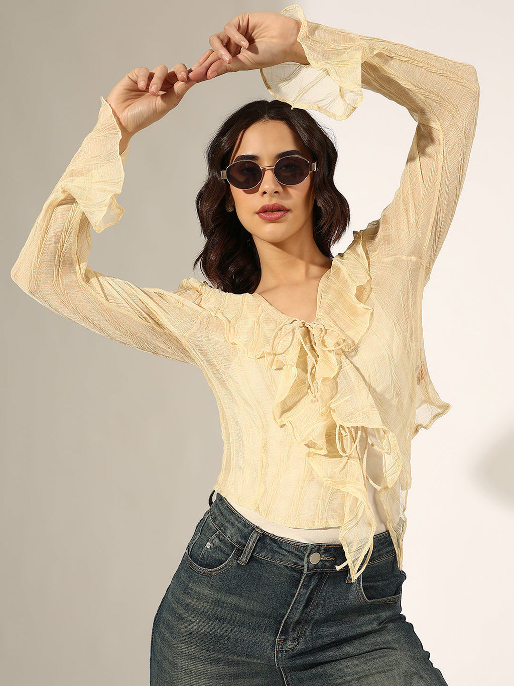 Women's Textured Cream Ruffled Top with Front Tie-Up