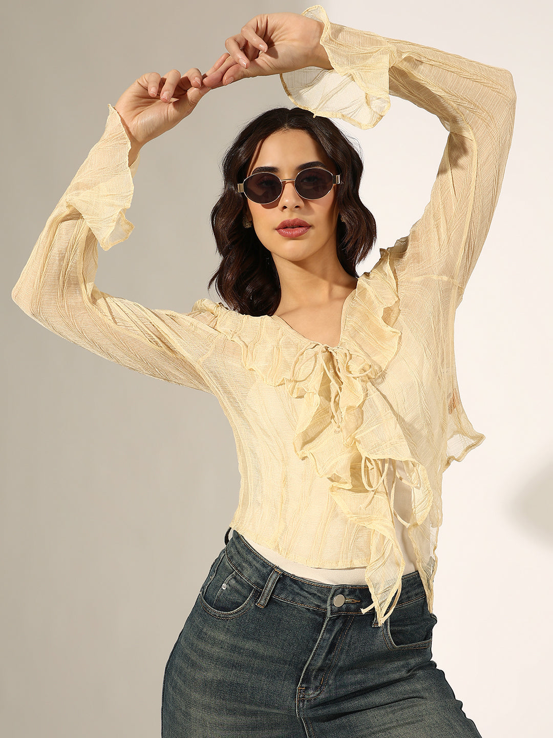 Women's Textured Cream Ruffled Top with Front Tie-Up