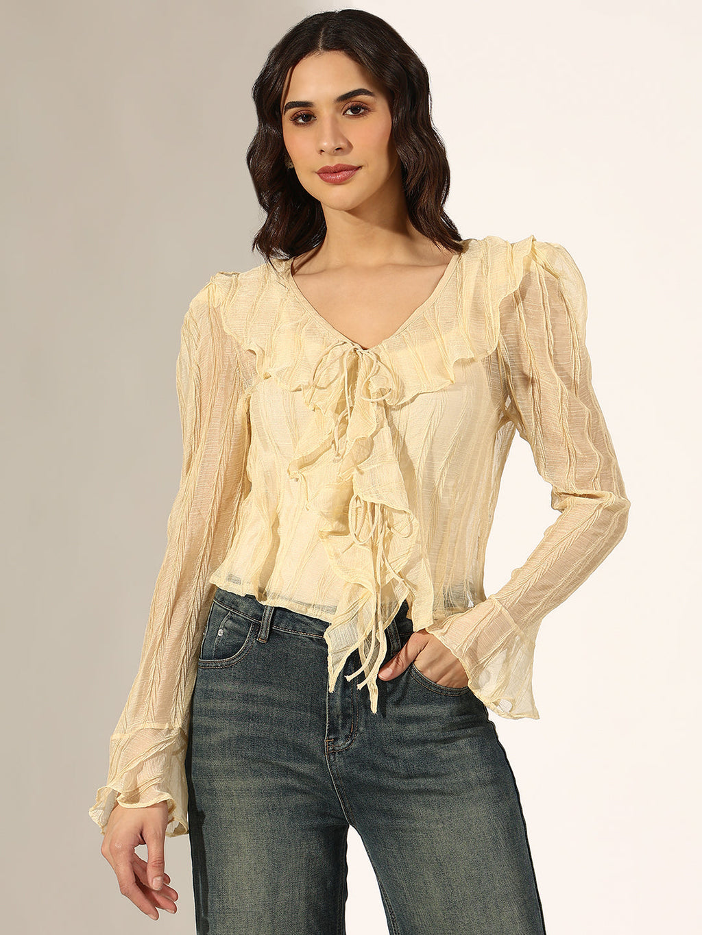 Women's Textured Cream Ruffled Top with Front Tie-Up