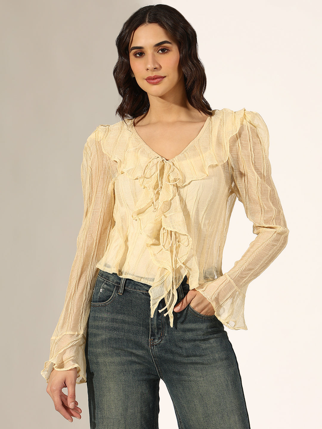Women's Textured Cream Ruffled Top with Front Tie-Up
