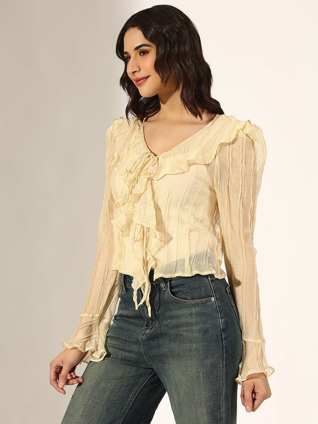 Women's Textured Cream Ruffled Top with Front Tie-Up