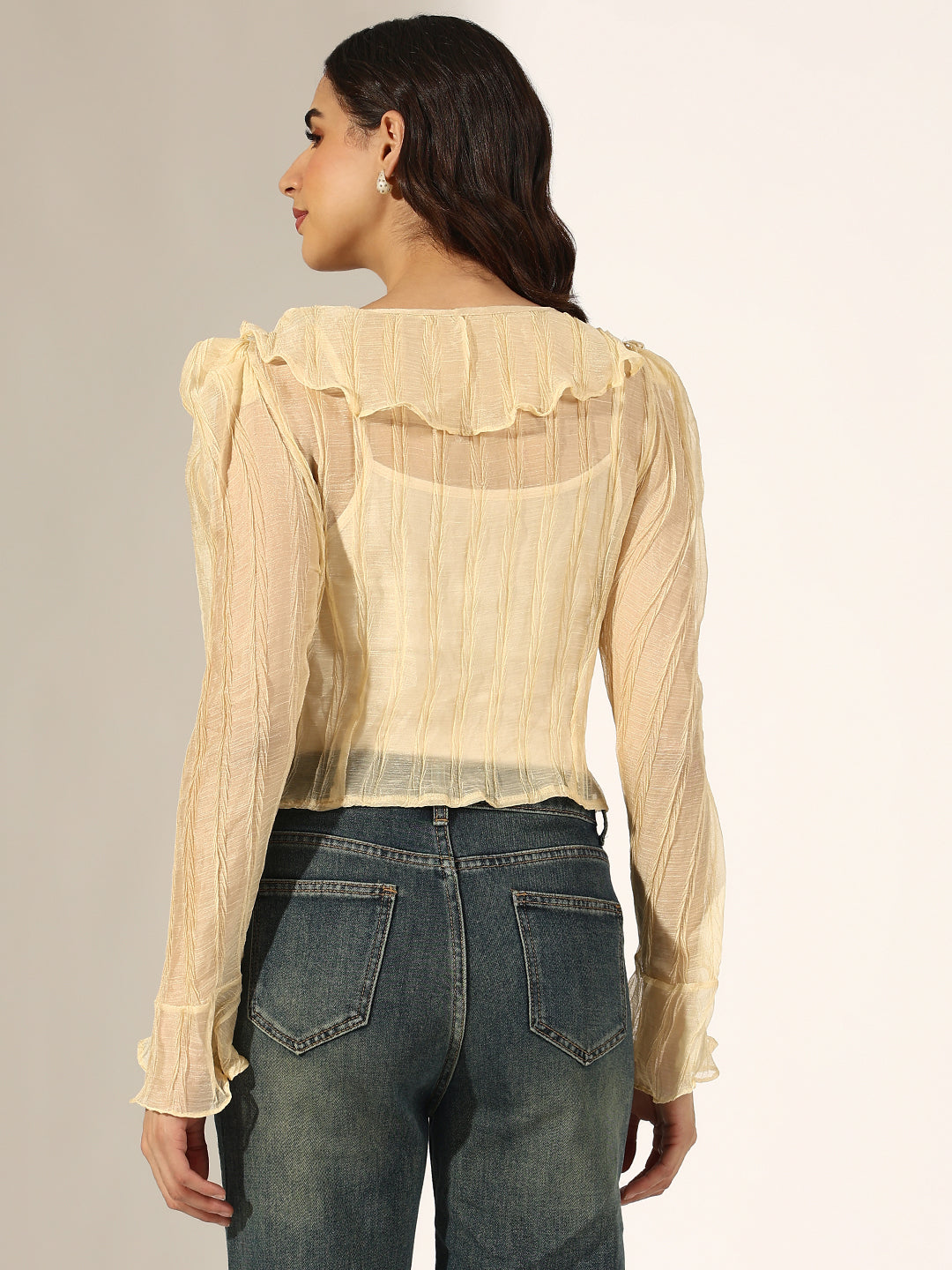Women's Textured Cream Ruffled Top with Front Tie-Up