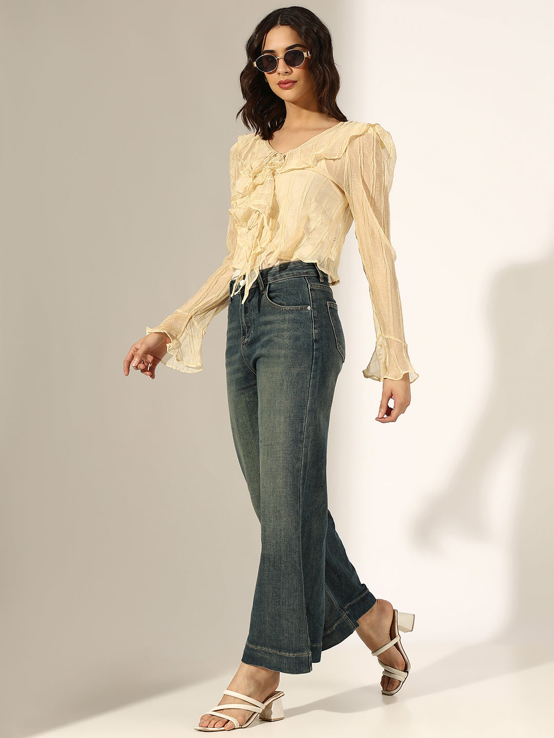Women's Textured Cream Ruffled Top with Front Tie-Up