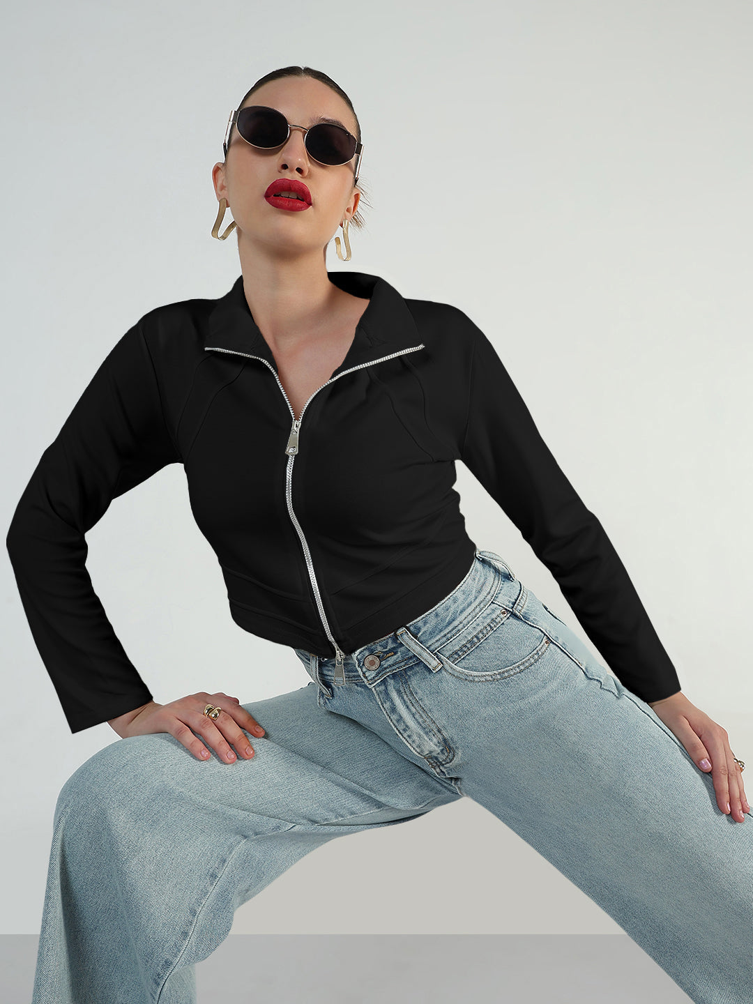 Women's Black Full Sleeve Zipper Short Top