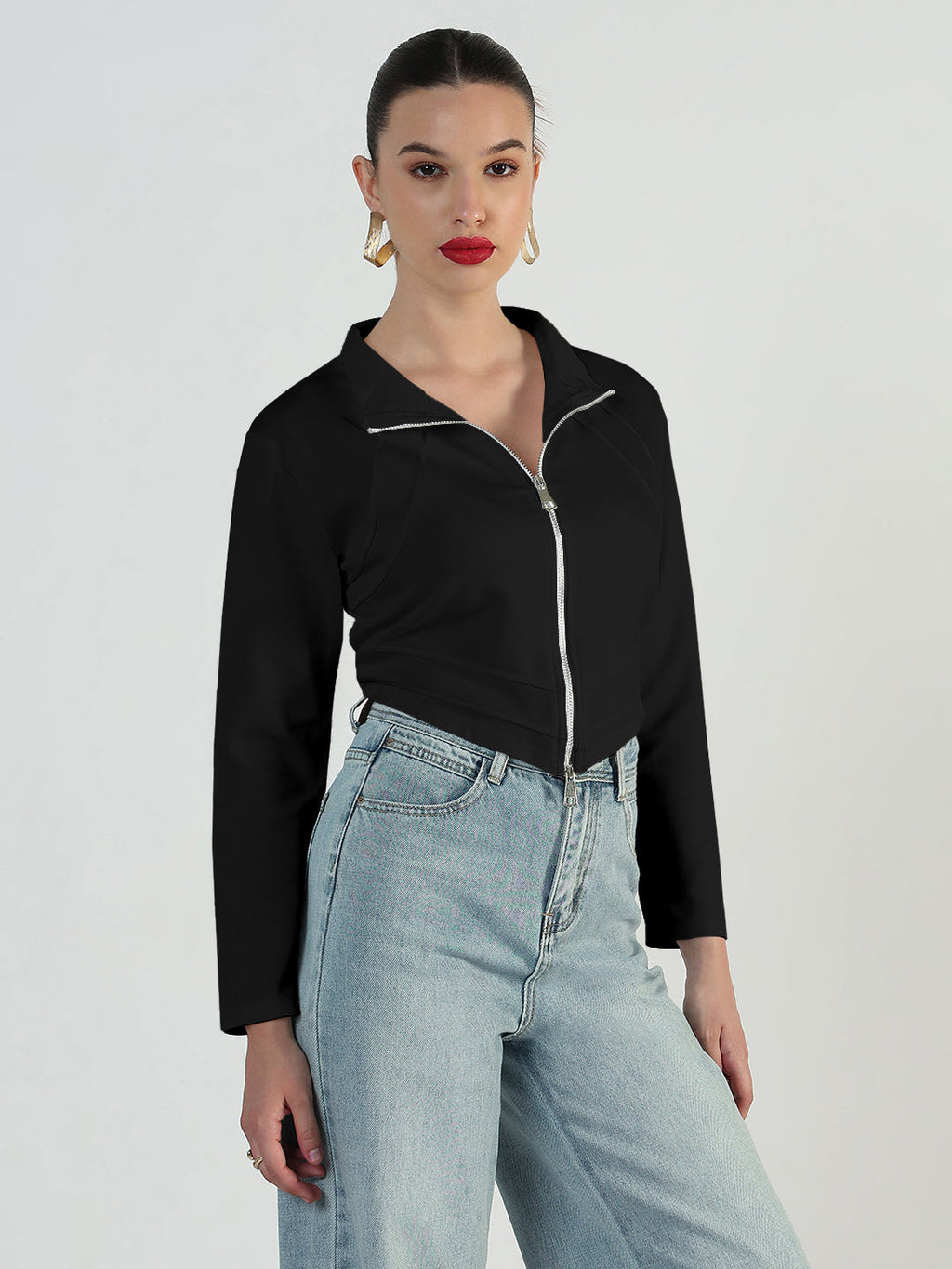 Women's Black Full Sleeve Zipper Short Top