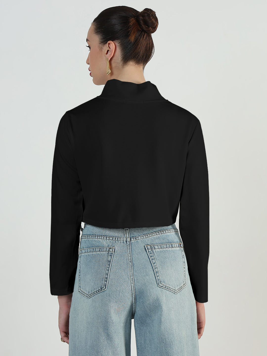 Women's Black Full Sleeve Zipper Short Top