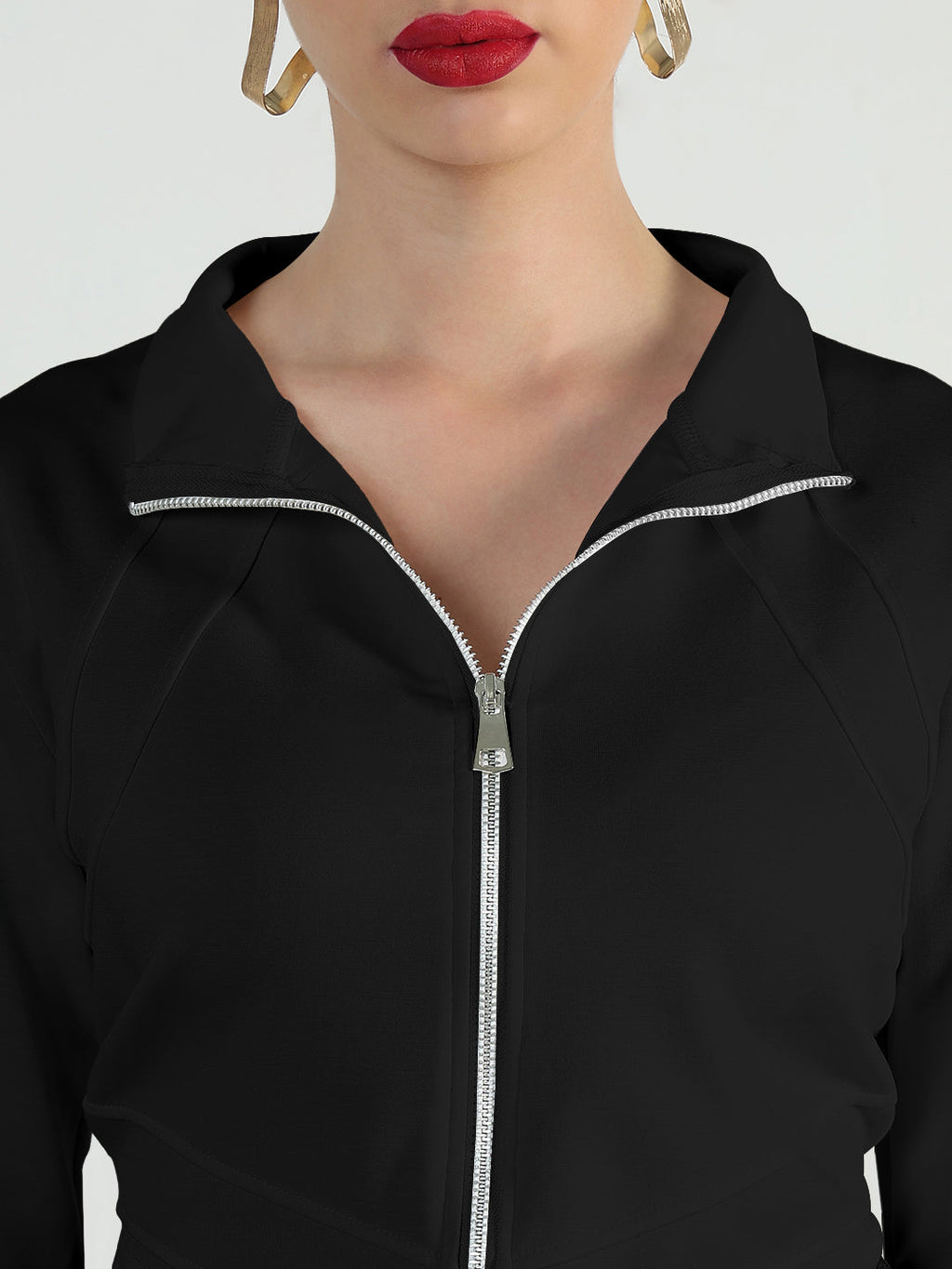 Women's Black Full Sleeve Zipper Short Top