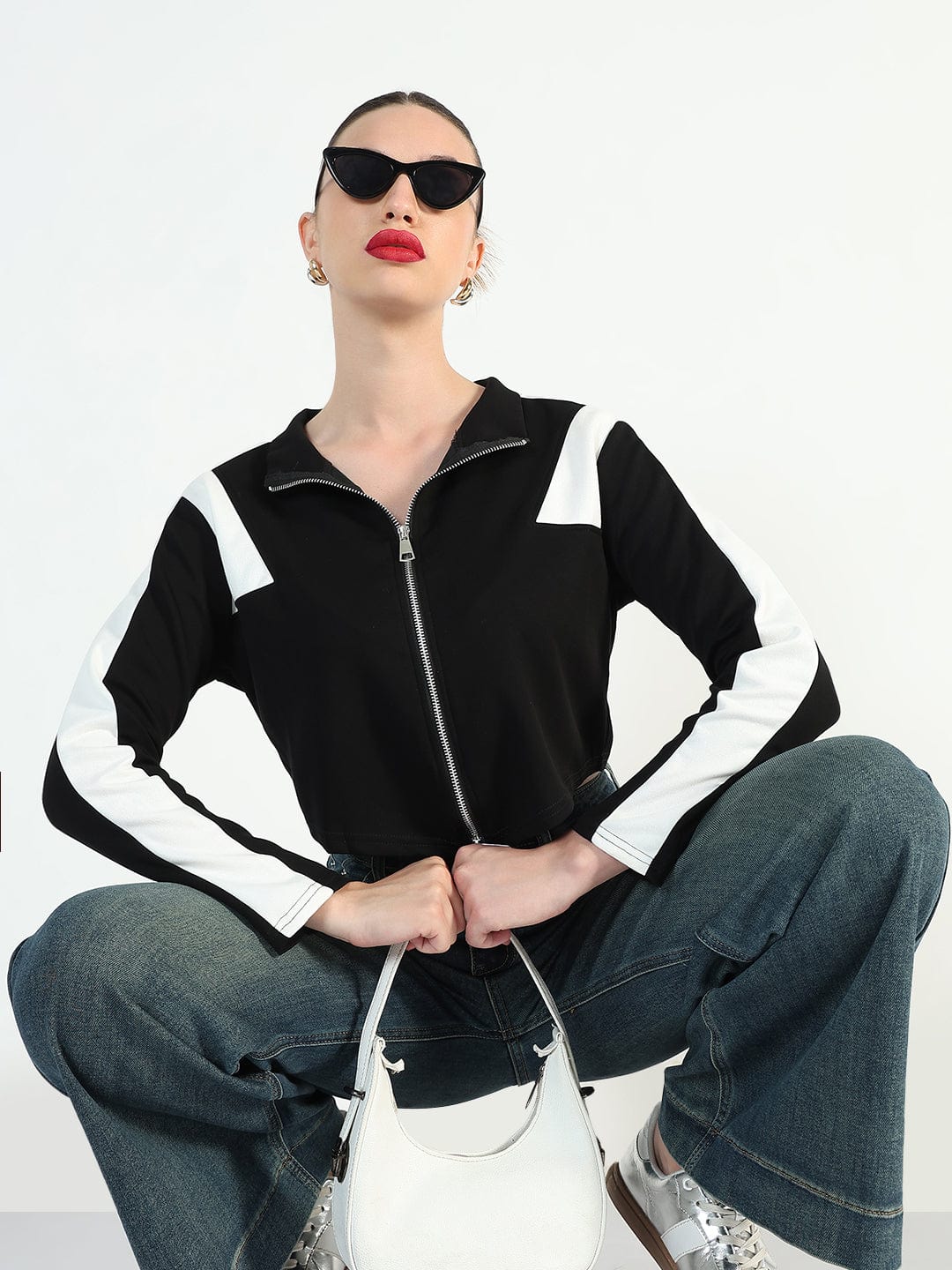 Women's Colourblocked Black High-Low Short Top