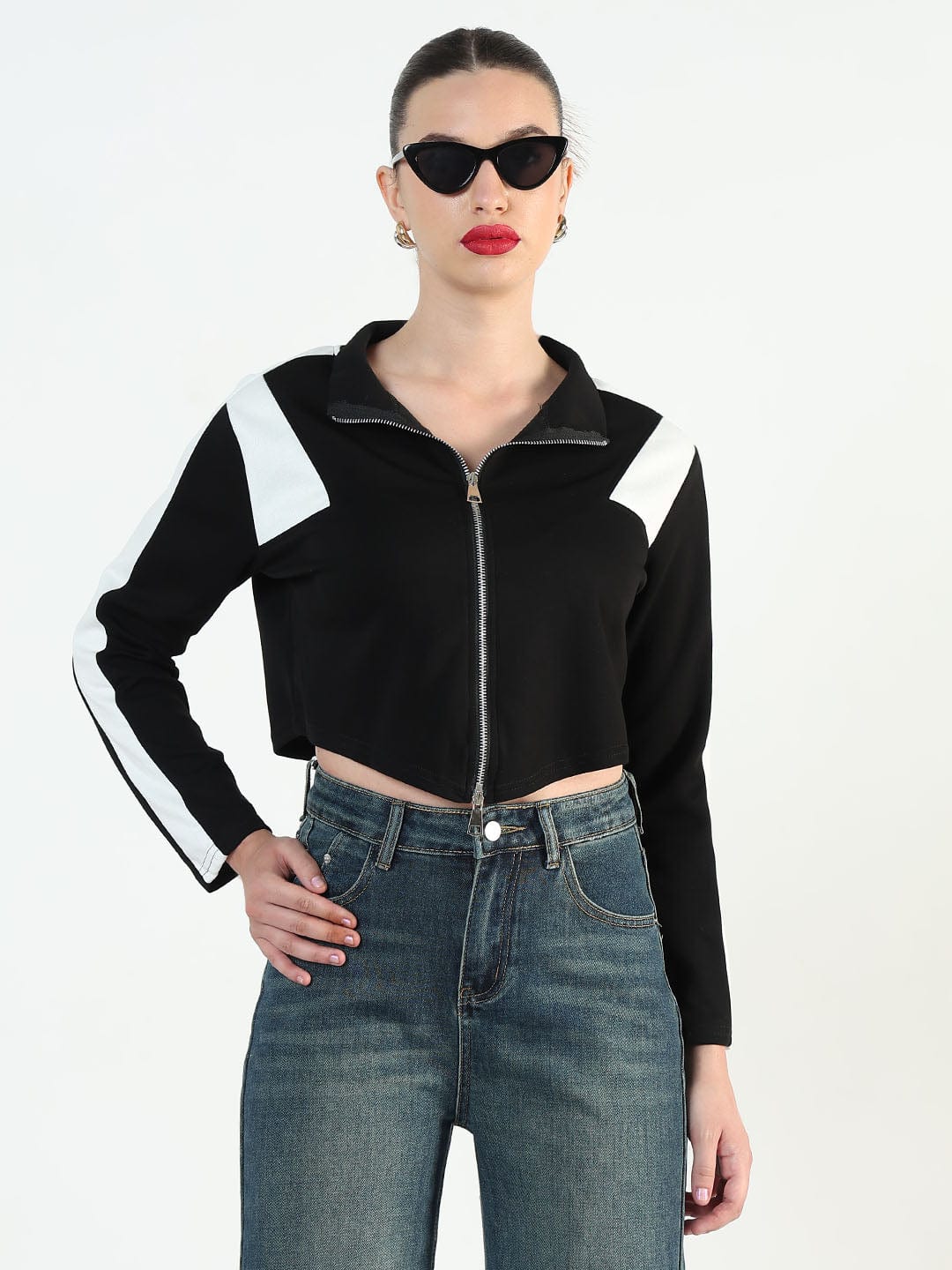 Women's Colourblocked Black High-Low Short Top