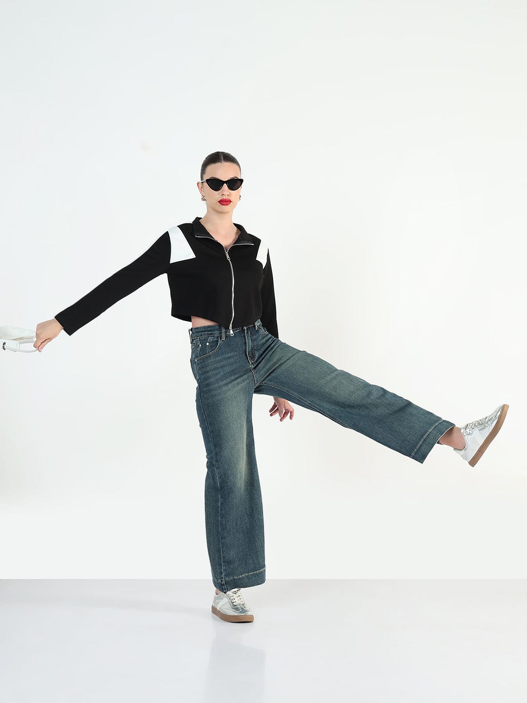 Women's Colourblocked Black High-Low Short Top